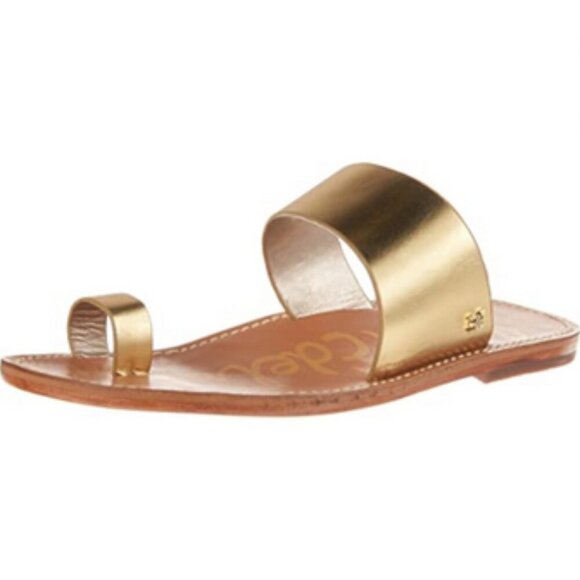 SAM EDELMAN Maxy Gold Slip On Toe Ring Leather Flat Slides Sandal 6 - Picture 1 of 15